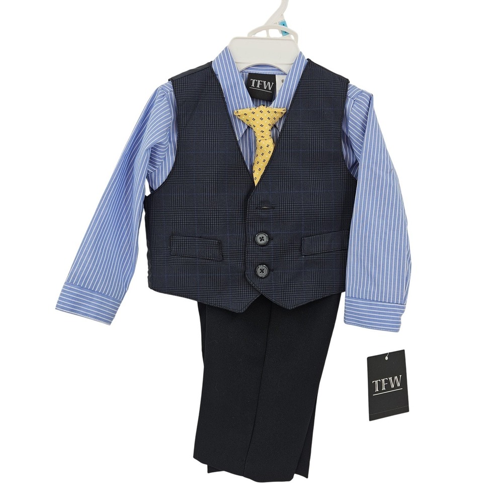 TFW Suit Outfit Boys 6-9 Months Blue Vest Pants Shirt Tie Formal 4‎ Piece Set